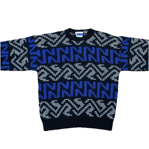 VTG Sweater Graphix Geometric Knit Sweater XL Made USA 80s 90s Blue Black - Picture 2 of 9
